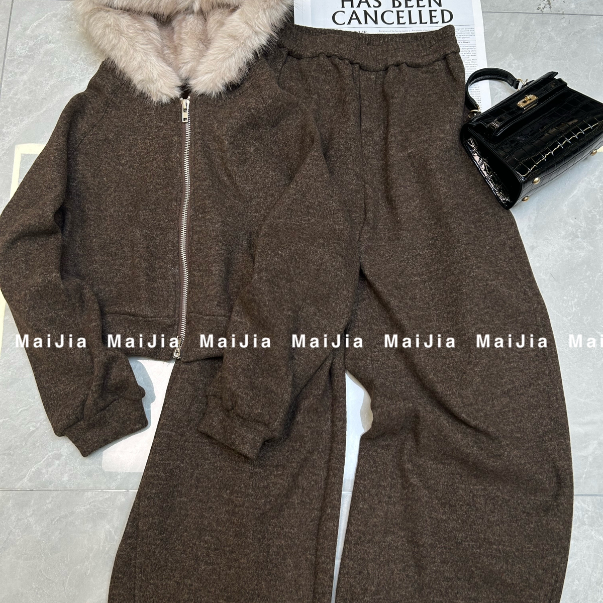 LC上新加绒连帽拉链卫衣外套+松紧腰直筒休闲裤套装95