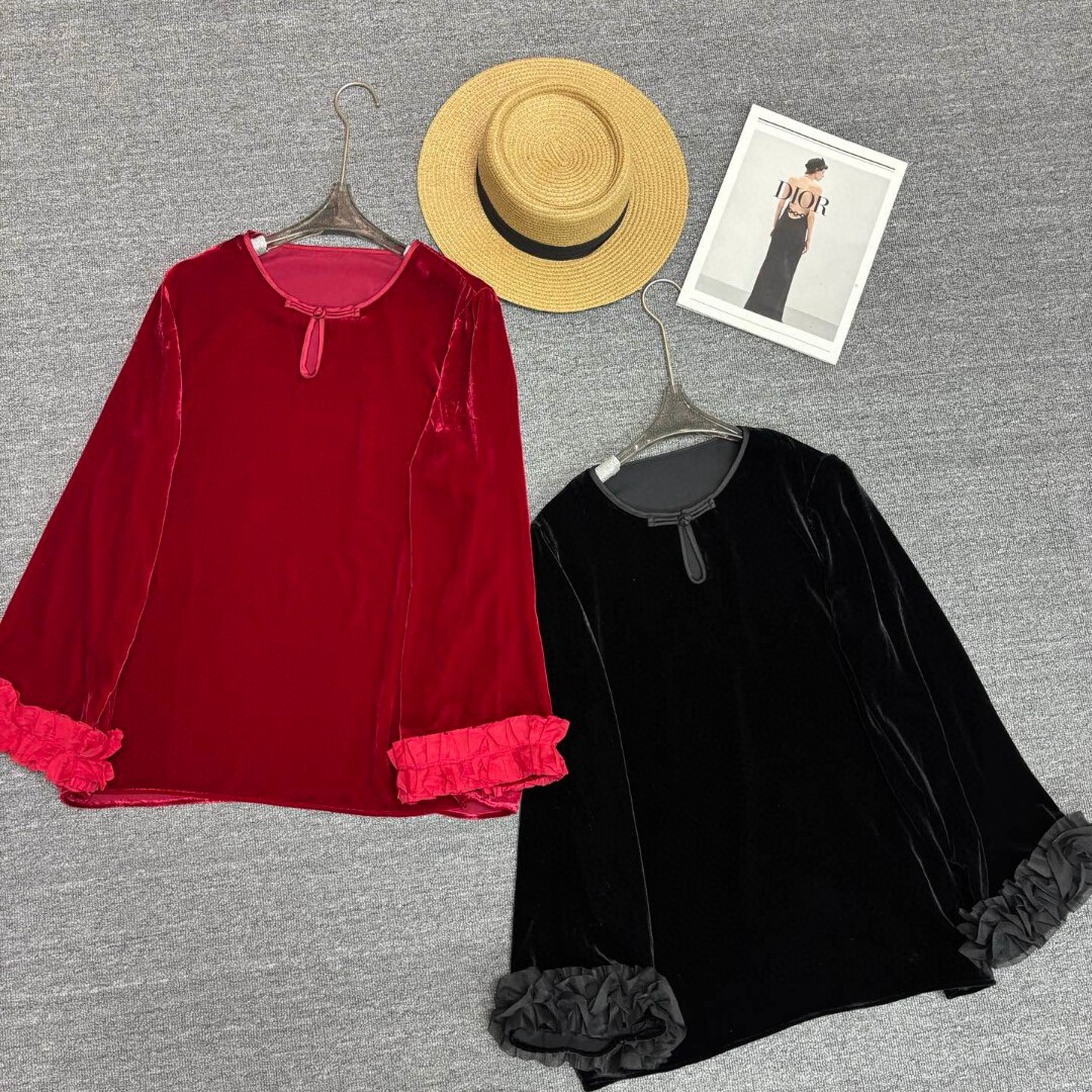 LC早春真丝丝绒花边袖口百搭款领口盘扣新中式小衫YS50-G305