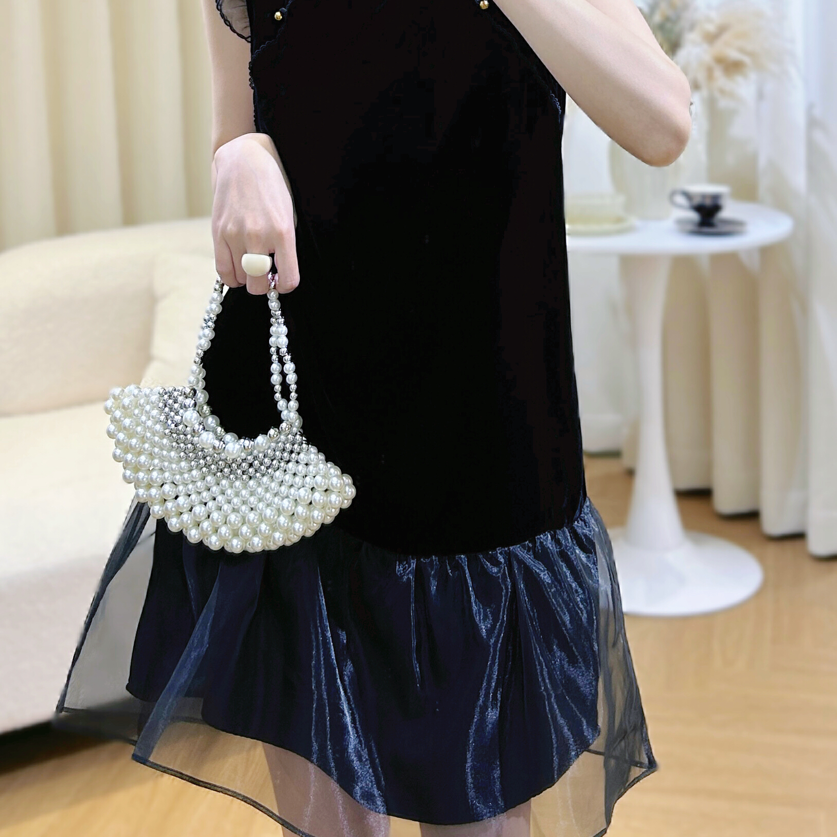 LC夏上新真丝丝绒拼接真丝欧根纱连衣裙YS21-G238