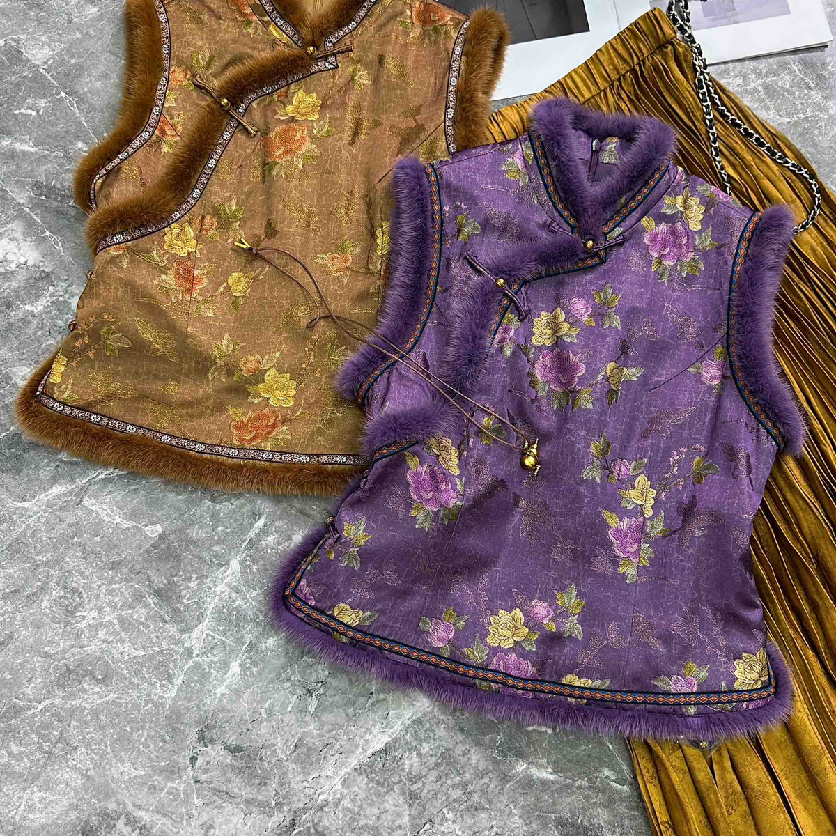 LC新新中式金丝交织提花双染拼貂毛夹棉显瘦马甲YS2-t0139