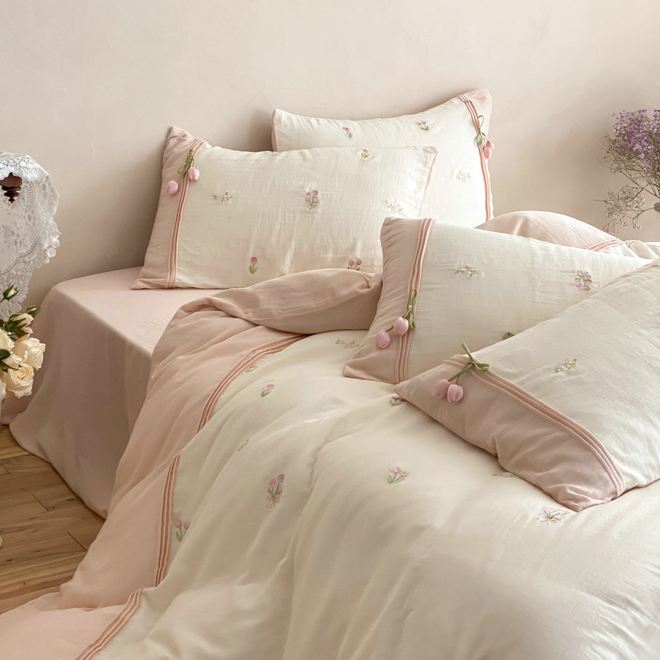 田园风全棉床上双层纱四件套立体花粉白色纯棉少女心床品四季通用