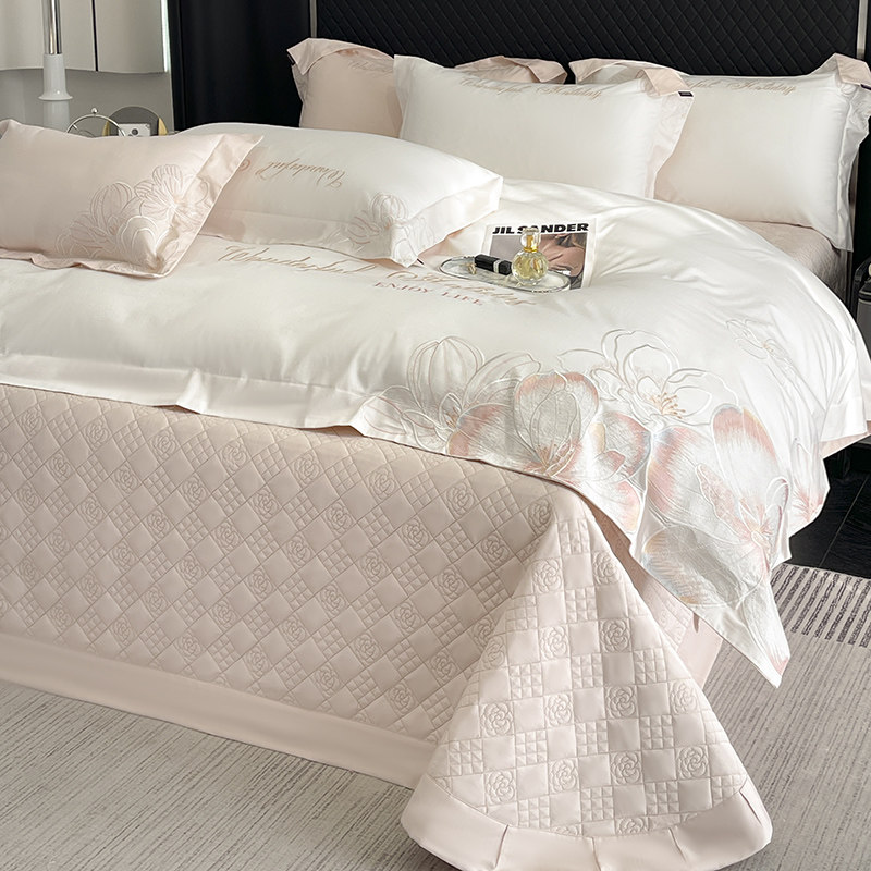 少女心床上用品全棉床盖款四件套田园刺绣被罩纯棉床笠款夹棉床单