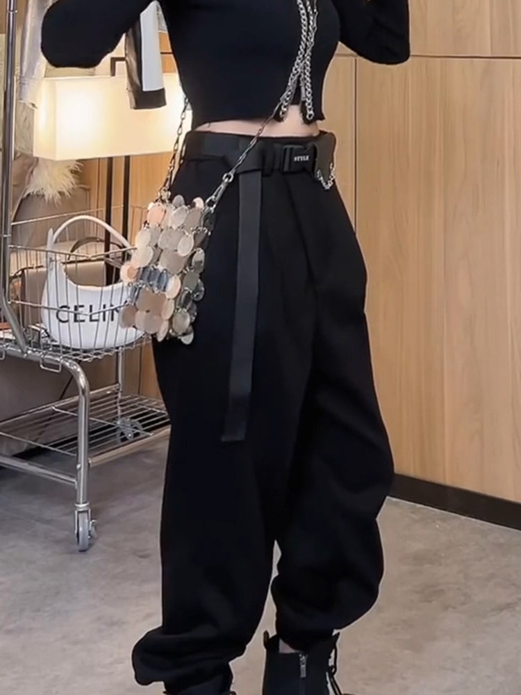 BLACK CASUAL CARGO PANTS WOMENS AUTUMN AND WINTER FLEECE EUROPEAN AND AMERICAN STREET SWEATPANTS LOOSE AND THIN WIDE-LEG PANTS STRAIGHT-LEG SWEATPANTS