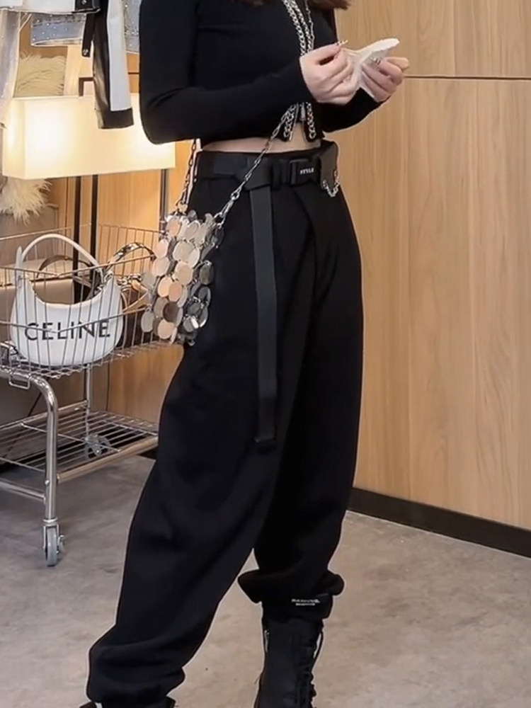 BLACK CASUAL CARGO PANTS WOMENS AUTUMN AND WINTER FLEECE EUROPEAN AND AMERICAN STREET SWEATPANTS LOOSE AND THIN WIDE-LEG PANTS STRAIGHT-LEG SWEATPANTS