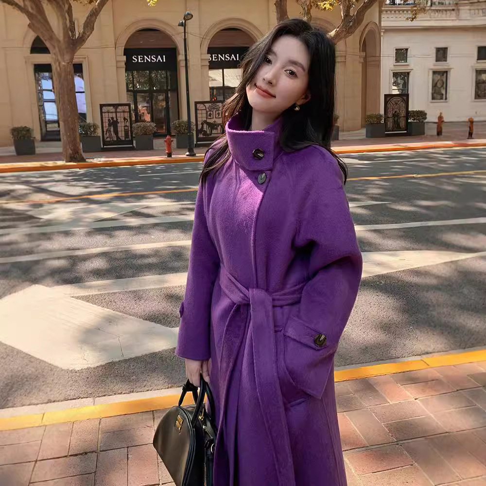 立领中长款双面骆驼绒大衣女宽松毛呢外套