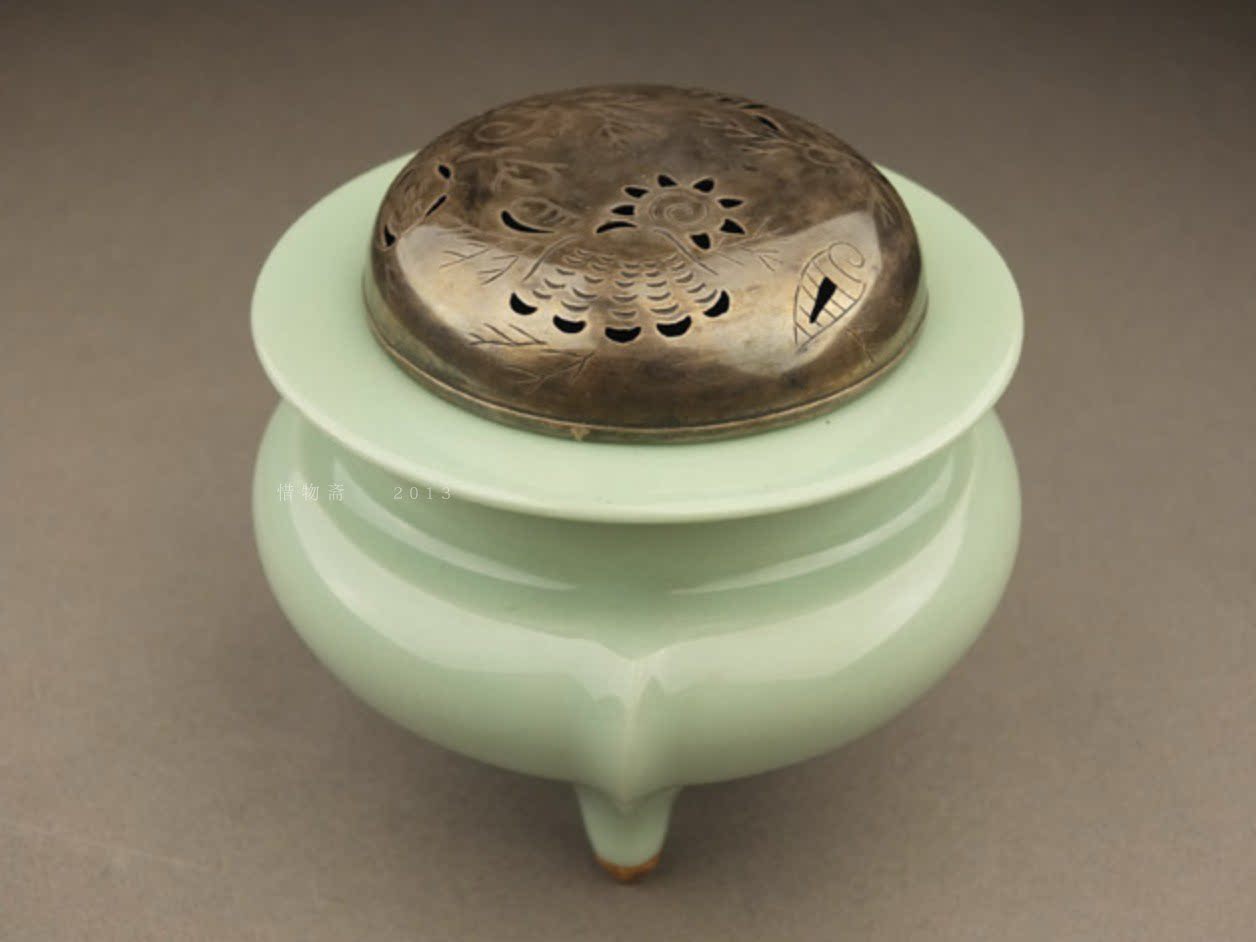 北京现货 日本初代苏山造 青瓷袴腰香炉 纯银火舍 纯手工