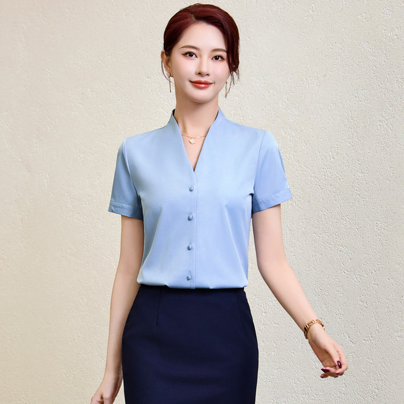 夏季新品蓝色法式无领缎面短袖衬衫女V领空乘制服医美前台工作服