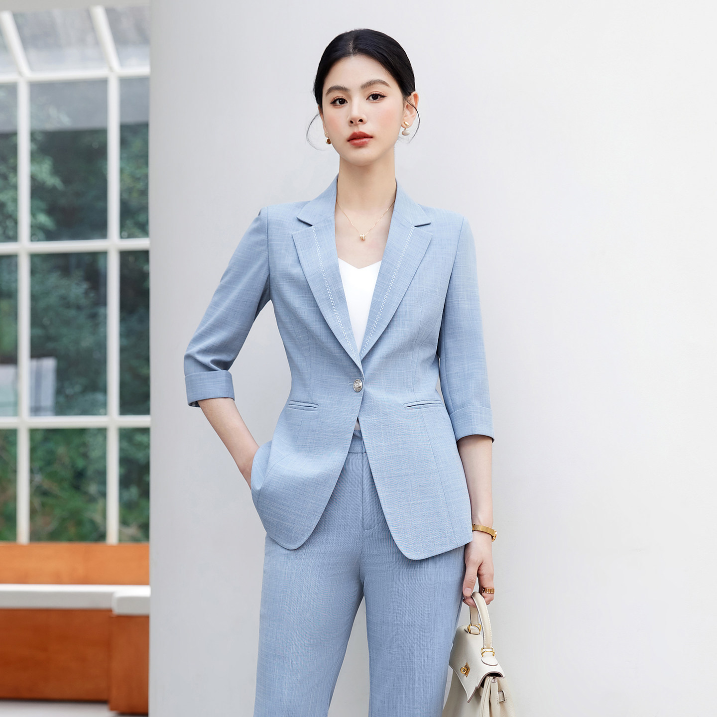 春夏中袖浅蓝色西装阔腿裤套装显瘦一粒扣女总裁经理通勤职场正装