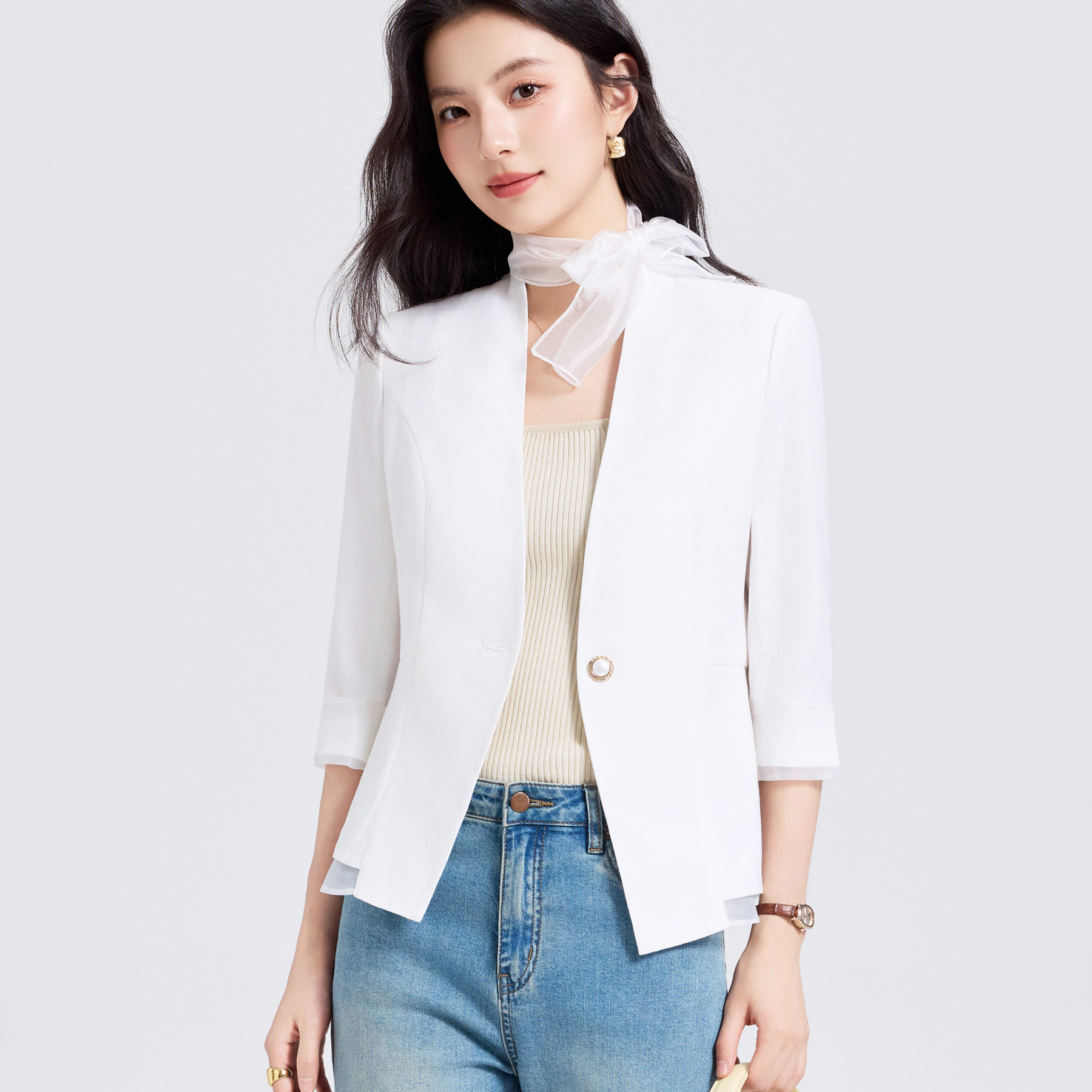 夏季中袖白色西装外套女短款七分袖气质网纱拼接高级感黄色小西服