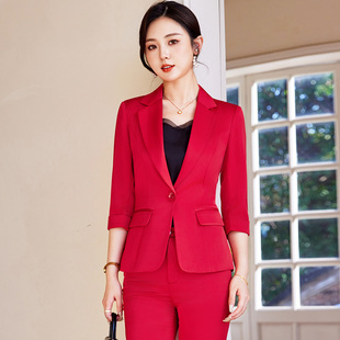 职业西装套装女春七分袖大红色中袖外套九分裤两件套粉色醋酸缎面