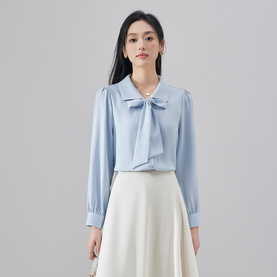 宽松雪纺系带粉色天蓝色衬衫女秋