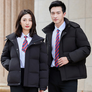 冬加厚男女短款黑色羽绒服通勤工装上班穿连帽防寒工作服90白鸭绒