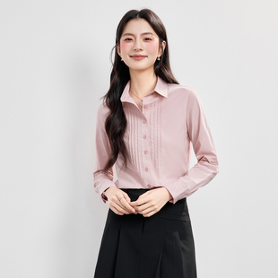 通勤职业纯棉白色衬衫女长袖风琴褶皱浅粉色春季叠穿高档内搭衬衣