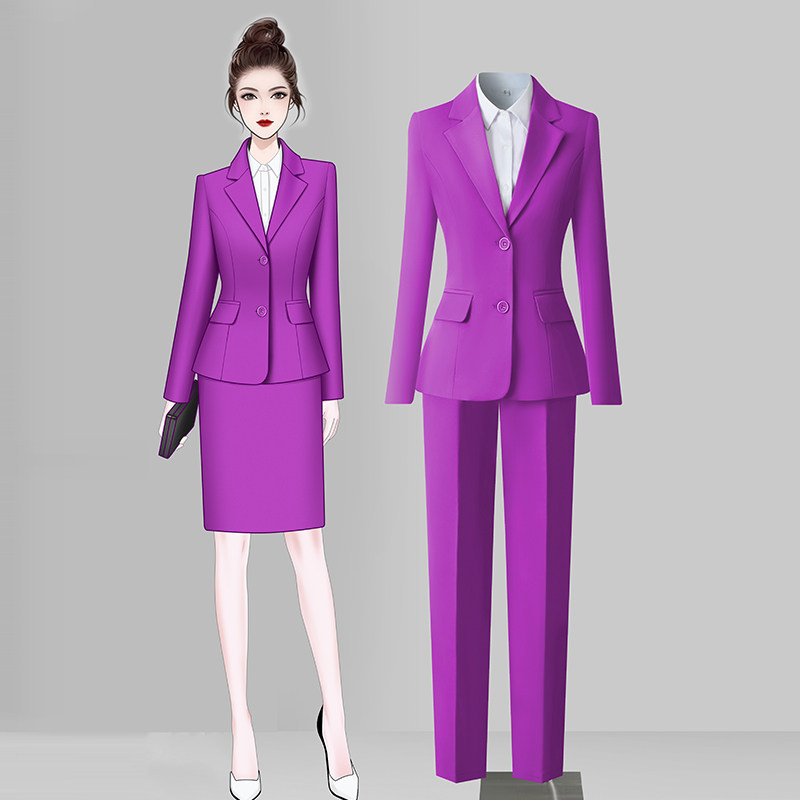 宝蓝紫色马甲西装套装酒店前台服务员工作服空姐制服职业三件套裙