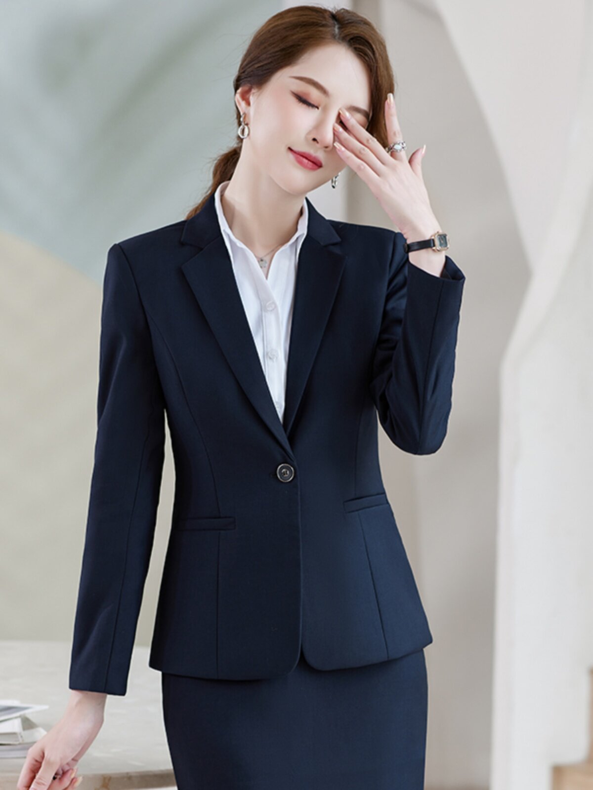 OCCUPATION: LONG-SLEEVED BLAZER WOMENS TROUSERS SUIT SKIRT COVER DECORATED BODY IRON-FREE LAWYER FRONT DESK RECEPTION UNIFORM FORMAL WEAR