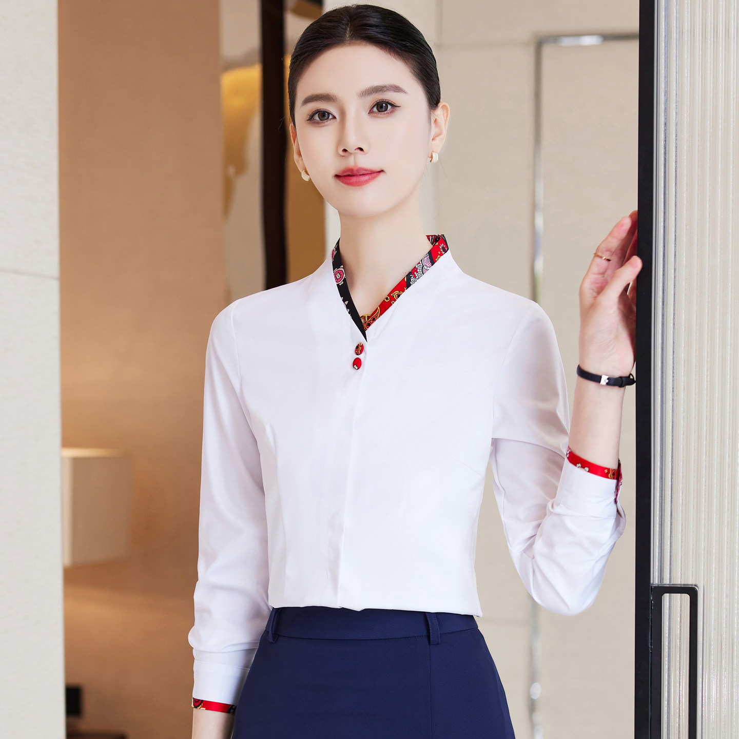 拼色V领中式长袖衬衫女酒店餐饮服务员美容院气质工作服空姐制服