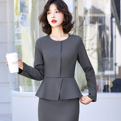 气质灰色连衣裙职业装假两件套裙