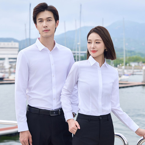 男女同款白色纯棉免烫衬衫高级感