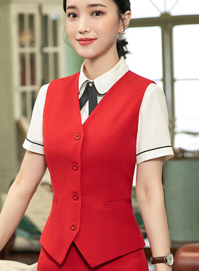 女西装马甲酒店前台工作服职业装大红色黑马夹套装工装背心可绣标