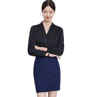 缎面垂顺长袖衬衫女V领法式高级感衬衣宽松气质黑色白色无领打底