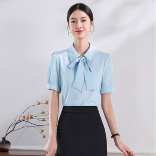 可拆系带蝴蝶结短袖白色雪纺衬衫女夏季浅蓝色前台工作服打底衬衣