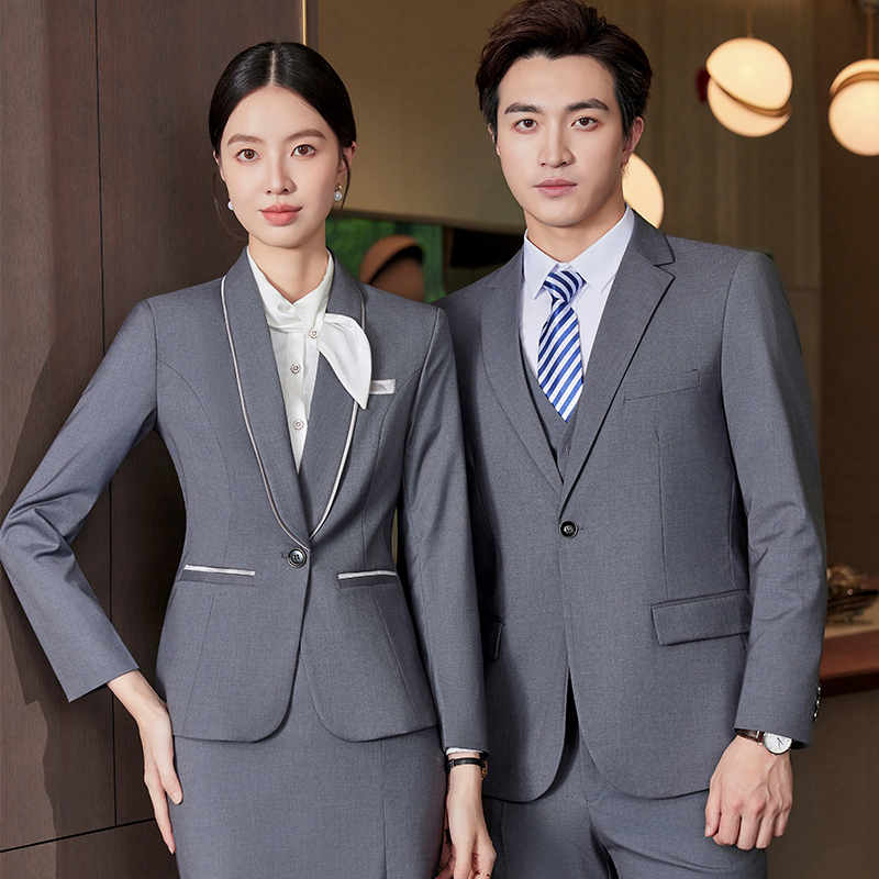 男女款商务西服套装气质灰色深蓝色西装外套衬衫三件套酒店制服