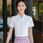 空乘面试职业衬衫 女白色短袖 纯棉通勤空姐套裙南航制服防走光V领
