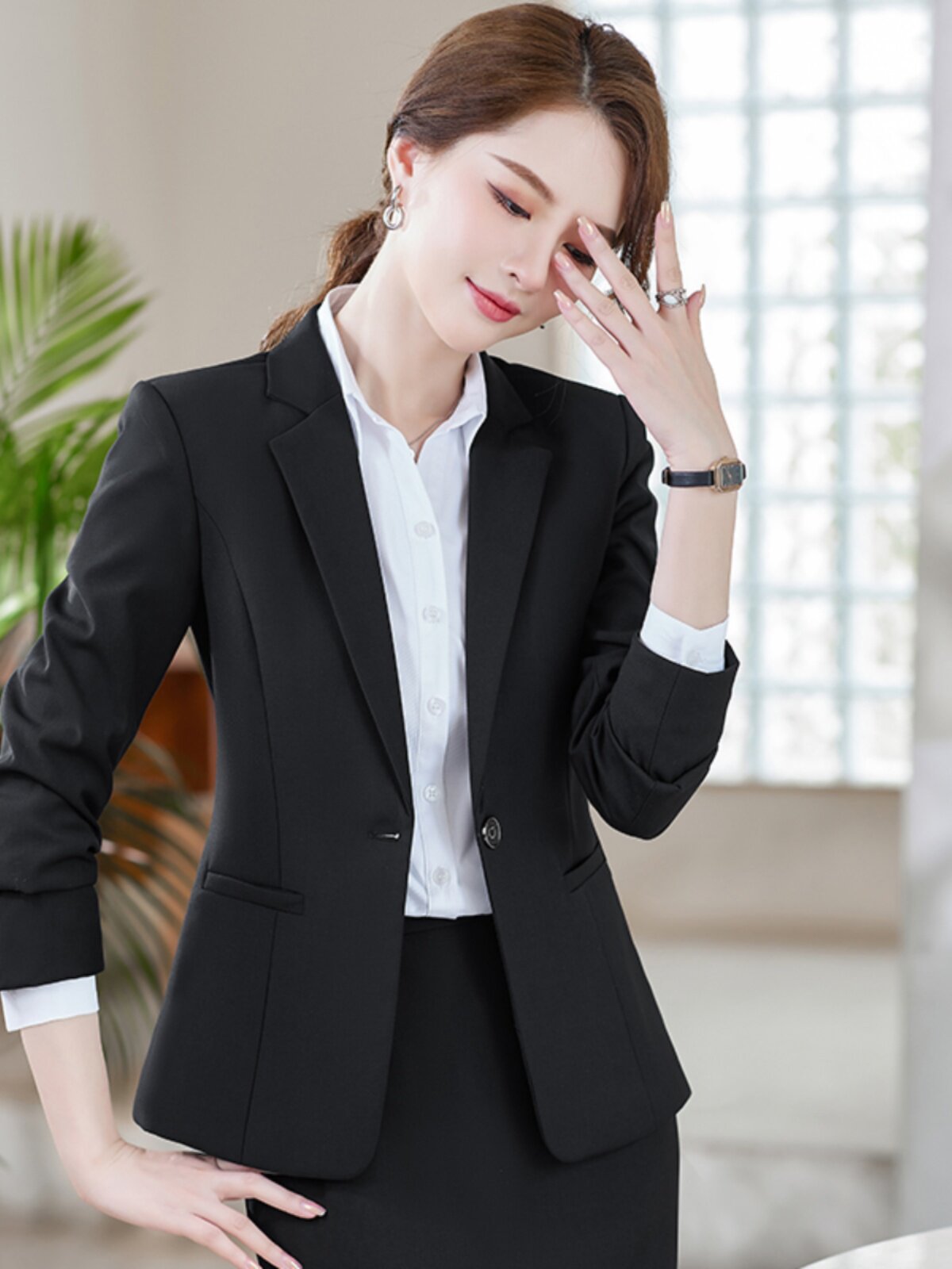 OCCUPATION: LONG-SLEEVED BLAZER WOMENS TROUSERS SUIT SKIRT COVER DECORATED BODY IRON-FREE LAWYER FRONT DESK RECEPTION UNIFORM FORMAL WEAR