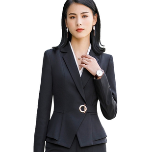 长袖小西装外套女修身OL气质白领职业套装酒红荷叶边下摆西服套裙