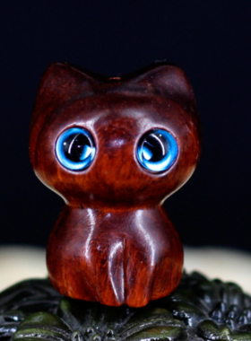 小猫咪木质钥匙扣项链挂件 赞比亚小叶紫檀木雕红木 立体镶嵌猫头