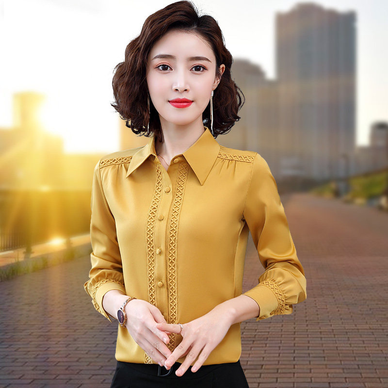 秋季缎面雪纺衬衫女长袖2021新款高端衬衣洋气上衣打底衫时尚妈妈