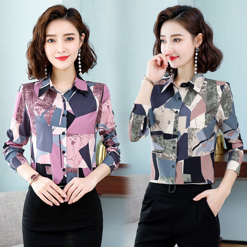 印花雪纺衬衫女长袖秋装2020新款碎花衬衣中年妈妈装上衣韩版秋季