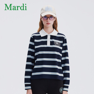 新款 MARDI官方正品 女2025年秋季 刺绣条纹长袖 撞色翻领上衣 Polo衫