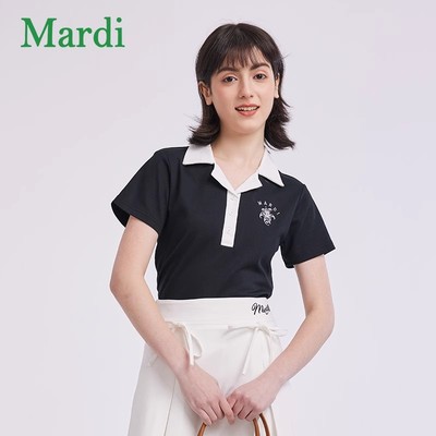 MARDI官方正品百合刺绣Polo衫短袖T恤女夏季修身显瘦翻领短款上衣