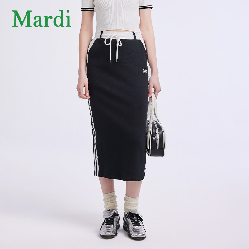 MARDI官方正品黑色开叉直筒半身裙夏季新款韩版休闲撞色运动套裙