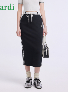 MARDI官方正品黑色开叉直筒半身裙夏季新款韩版休闲撞色运动套裙