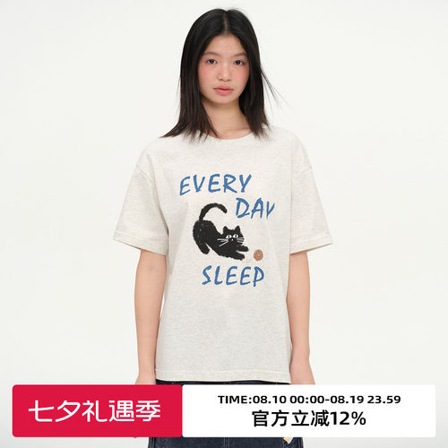 复古小猫印花宽松休闲T恤