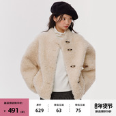 9折 新品 omont蛋挞家100%羊毛牛角扣宽松仿皮毛一体短外套皮草