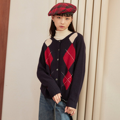 omont蛋挞家 复古菱形格针织开衫女秋冬宽松慵懒风设计感毛衣外套