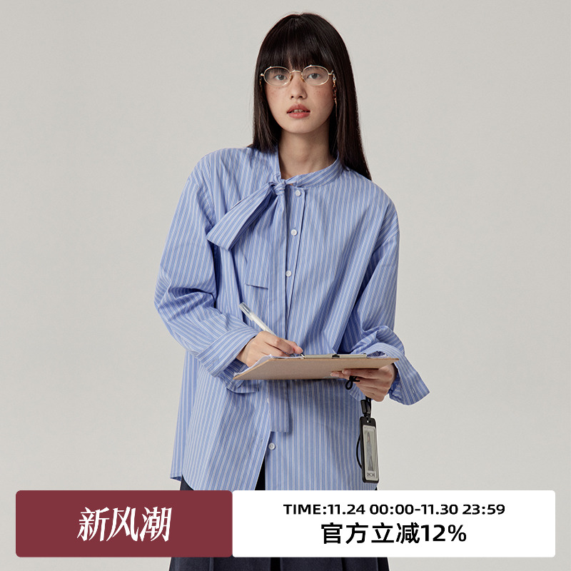 omont蛋挞家长袖绑带领衬衫