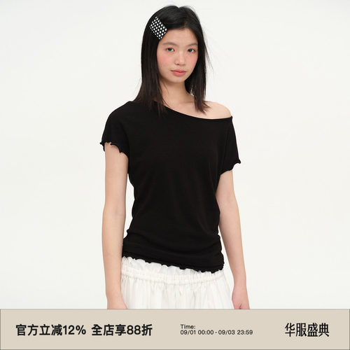 复古木耳边斜肩短袖T恤