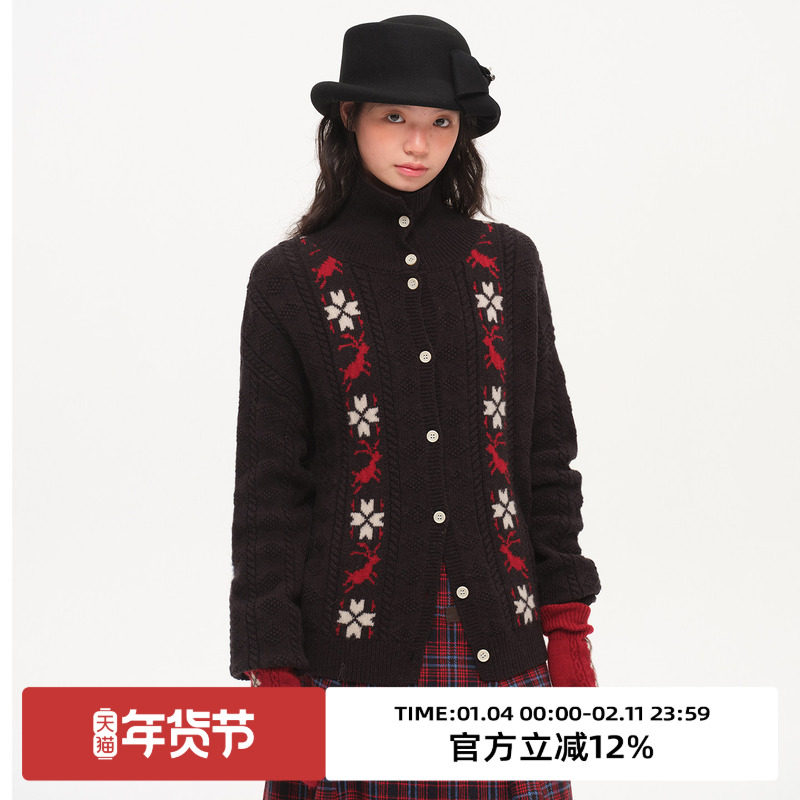 omont蛋挞100%羊毛复古费尔岛立领针织开衫2025冬慵懒设计感毛衣