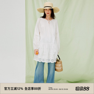 omont蛋挞法式绣花白色长袖连衣裙2026春秋宽松慵懒漂亮中长裙子