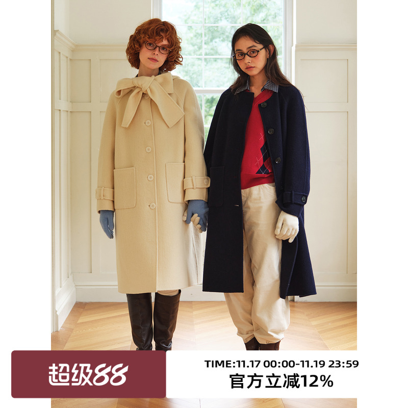 复古可拆卸连帽双面呢毛呢外套