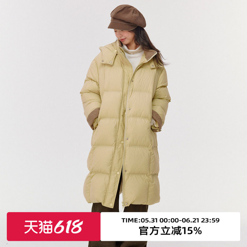 omont蛋挞复古无胆防绒连帽羽绒服2025冬中长款保暖90白鸭绒外套