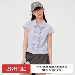 omont蛋挞家复古娃娃领荷叶边格纹短袖衬衫2025夏设计感显瘦上衣