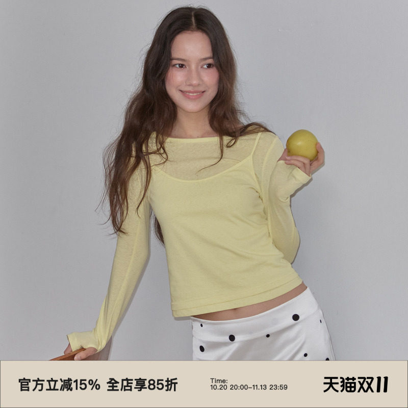 omont蛋挞亚麻混纺真两件圆领修身长袖T恤2026秋简约纯色叠穿上衣