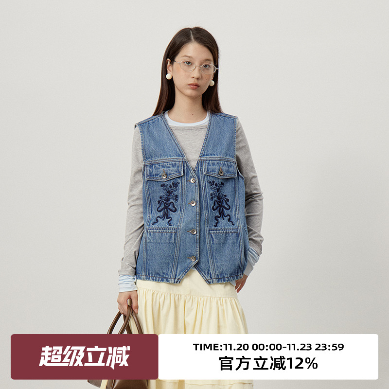 omont蛋挞家单排扣牛仔马甲