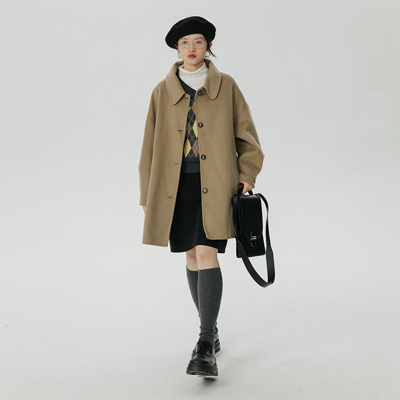 omont翻领可拆卸帽双面毛呢外套