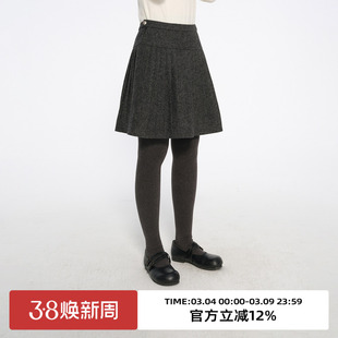 omont蛋挞家复古灰色高腰百褶裙子2025冬季显瘦短款厚毛呢半身裙